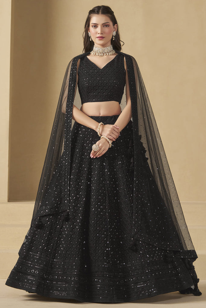 Alluring Black Thread Work Georgette Party Wear Lehenga Choli