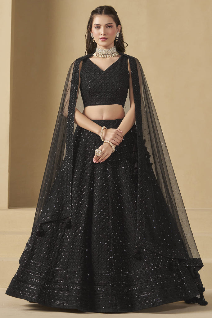 Alluring Black Thread Work Georgette Party Wear Lehenga Choli