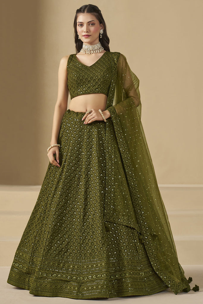 Attractive Mehendi Green Sequins Georgette Monochrome Lehenga Choli