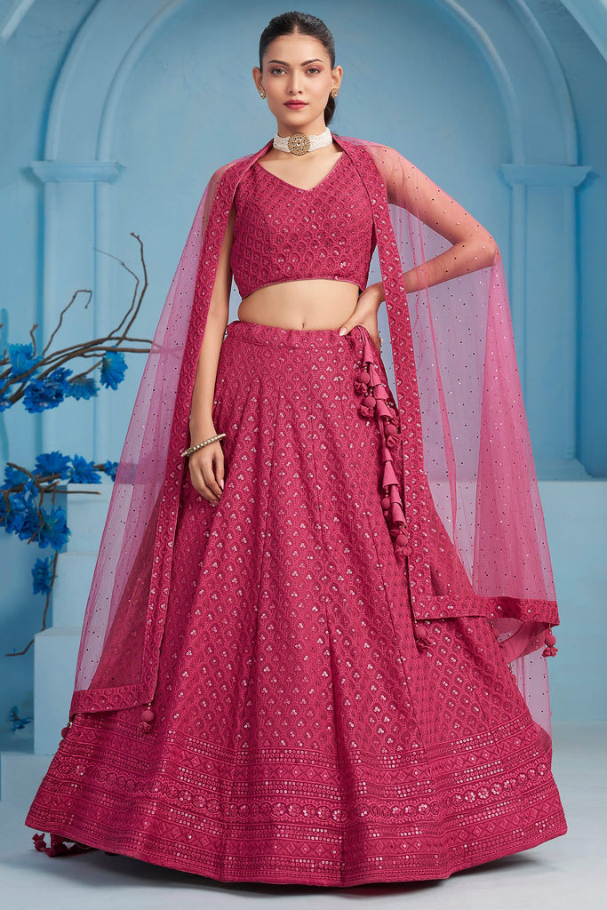 Beautiful Pink Sequins Work Georgette Reception Wear Lehenga Choli