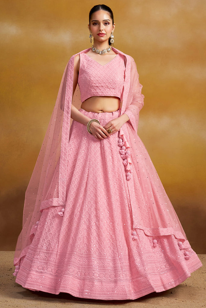 Precious Pink Thread Work Georgette Bridesmaid Lehenga Choli