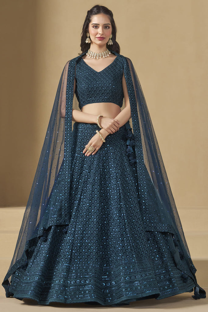 Lovely Teal Blue Thread Work Georgette Engagement Wear Lehenga Choli