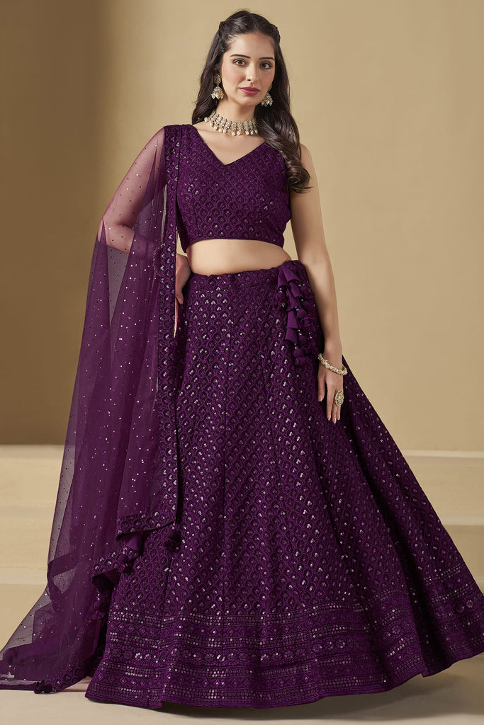 Winsome Wine Thread Embroidery Georgette Reception Wear Lehenga Choli