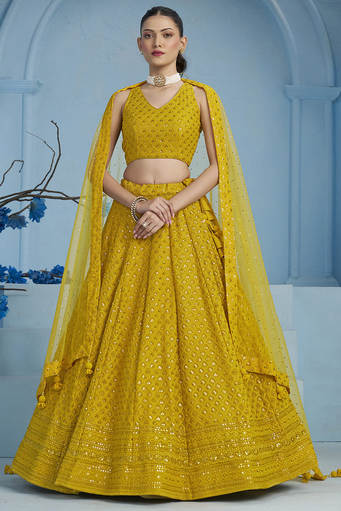 Alluring Yellow Sequins Work Georgette Haldi Wear Lehenga Choli