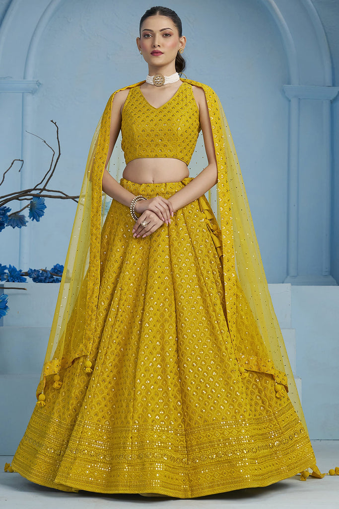 Alluring Yellow Sequins Work Georgette Haldi Wear Lehenga Choli