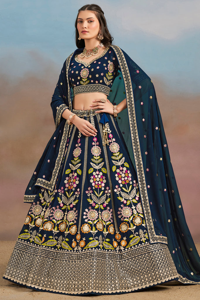 Wonderful Navy Blue Zari Work Georgette Wedding Wear Lehenga Choli