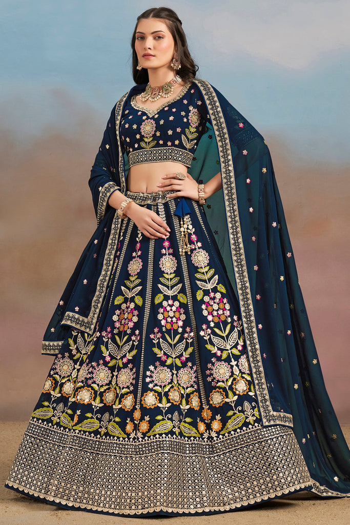 Wonderful Navy Blue Zari Work Georgette Wedding Wear Lehenga Choli