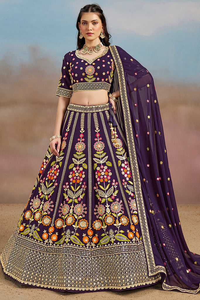 Amazing Purple Floral Embroidery Georgette Bridesmaid Lehenga Choli