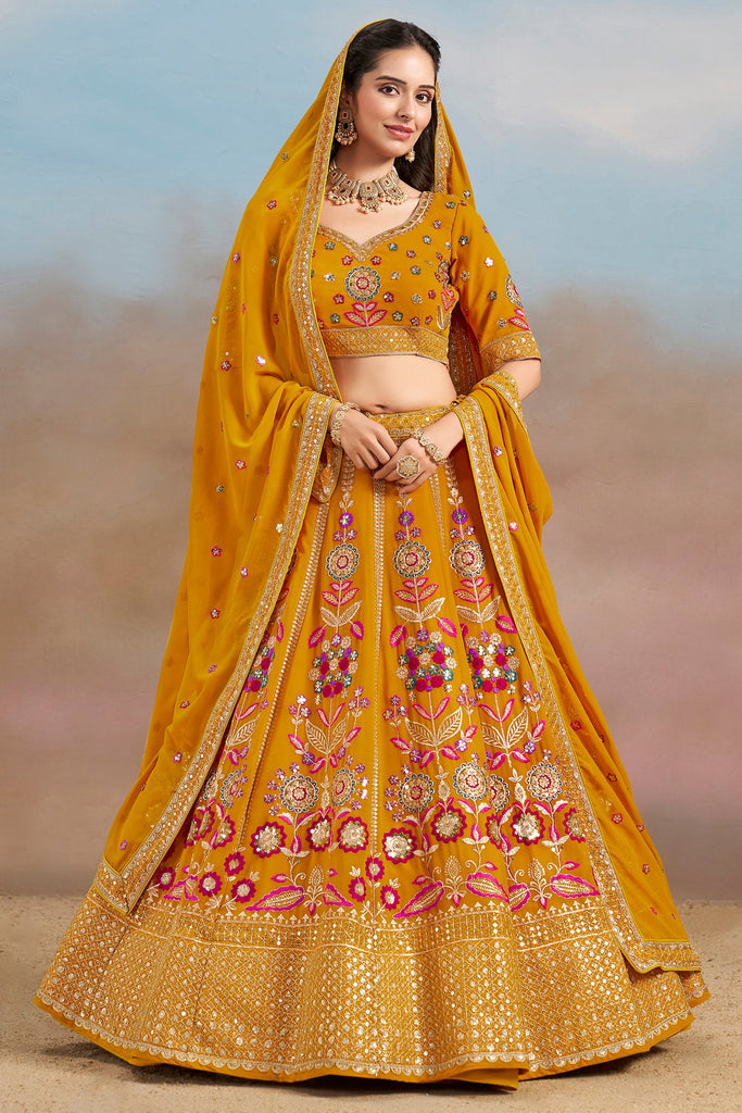 Lavish Yellow Zari Work Georgette Haldi Wear Lehenga Choli