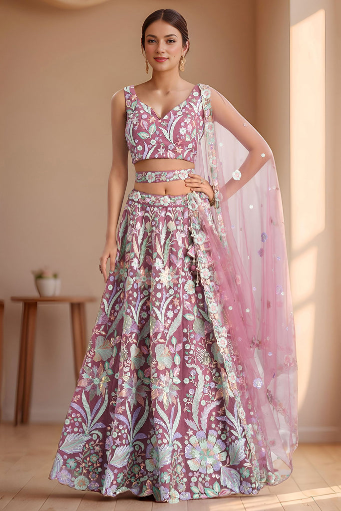 Stylish Pink Embroidered Net Designer Lehenga Choli With Dupatta