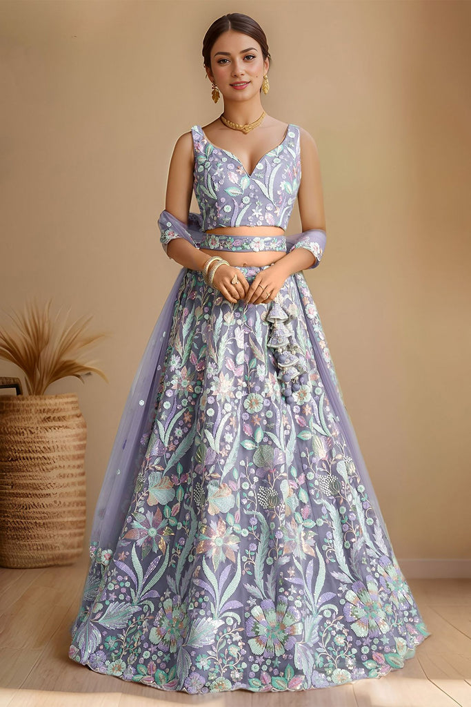 Mesmerizing Lavender Sequins Net Bridesmaid Lehenga Choli With Dupatta