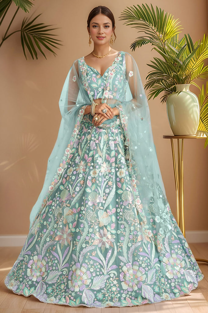 Precious Sky-Blue Sequins Net Reception Wear Lehenga Choli With Dupatta
