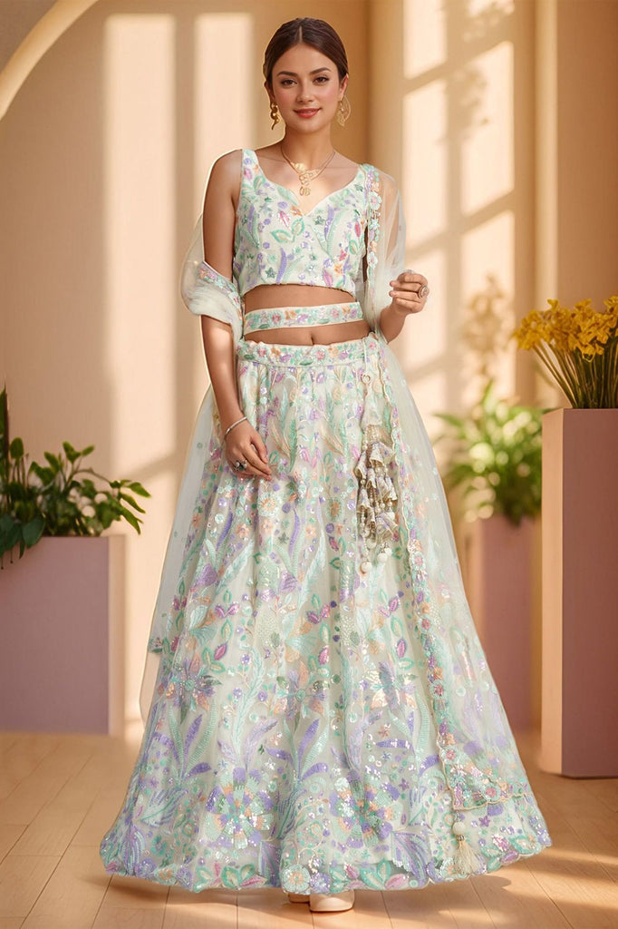 Alluring White Embroidered Net Designer Lehenga Choli With Dupatta