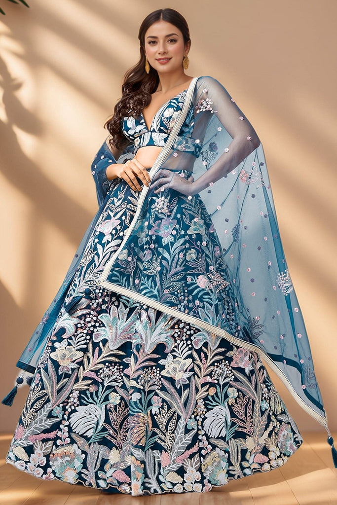 Captivating Blue Sequins Work Net Engagement Wear Lehenga Choli