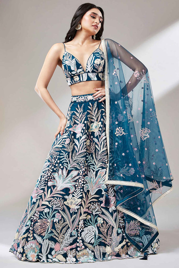 Striking Teal Blue Sequins Soft Net Party Wear Lehenga Choli