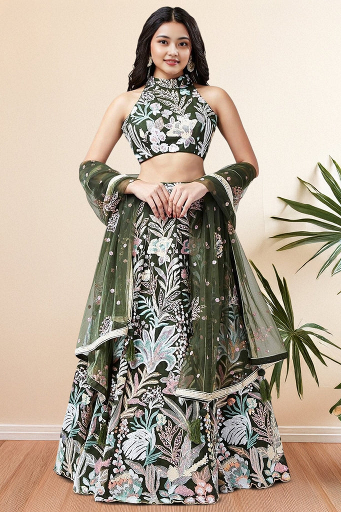 Beautiful Olive Green Sequins Work Net Reception Wear Lehenga Choli