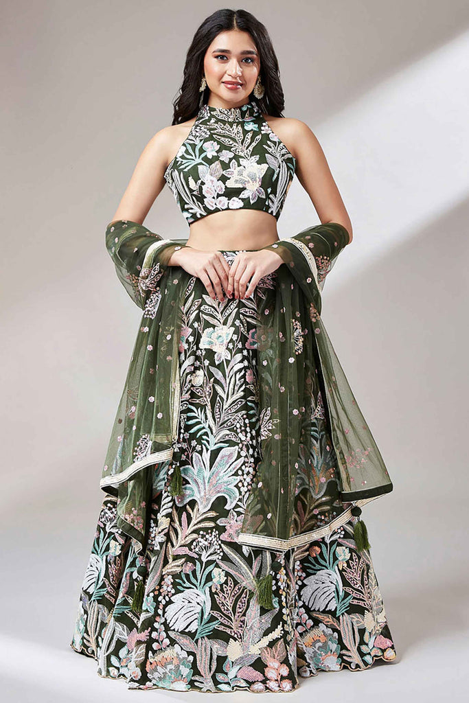 Amazing Olive Green Sequins Net Mehendi Wear Lehenga Choli