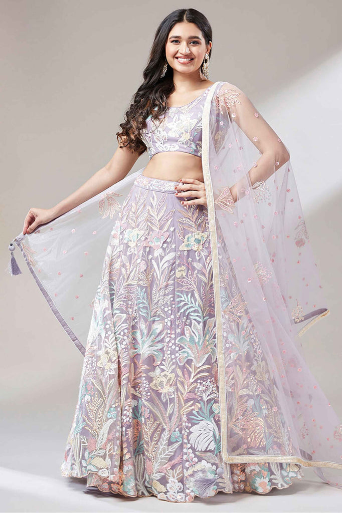 Alluring Lavender Sequins Net Engagement Wear Lehenga Choli