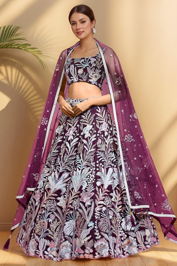 Outstanding Wine-Color Sequins Work Net Designer Lehenga Choli
