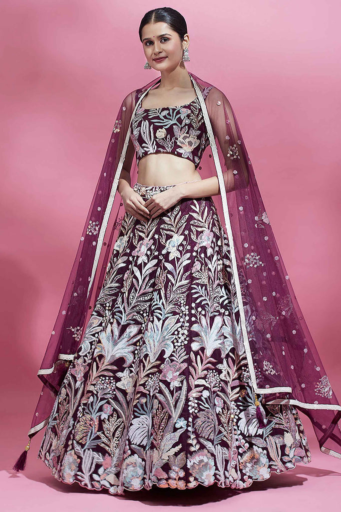 Spectacular Wine Sequins Net Party Wear Lehenga Choli