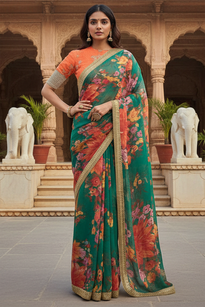 Enchanting Green Floral Printed Organza Festival Wear Saree With Blouse