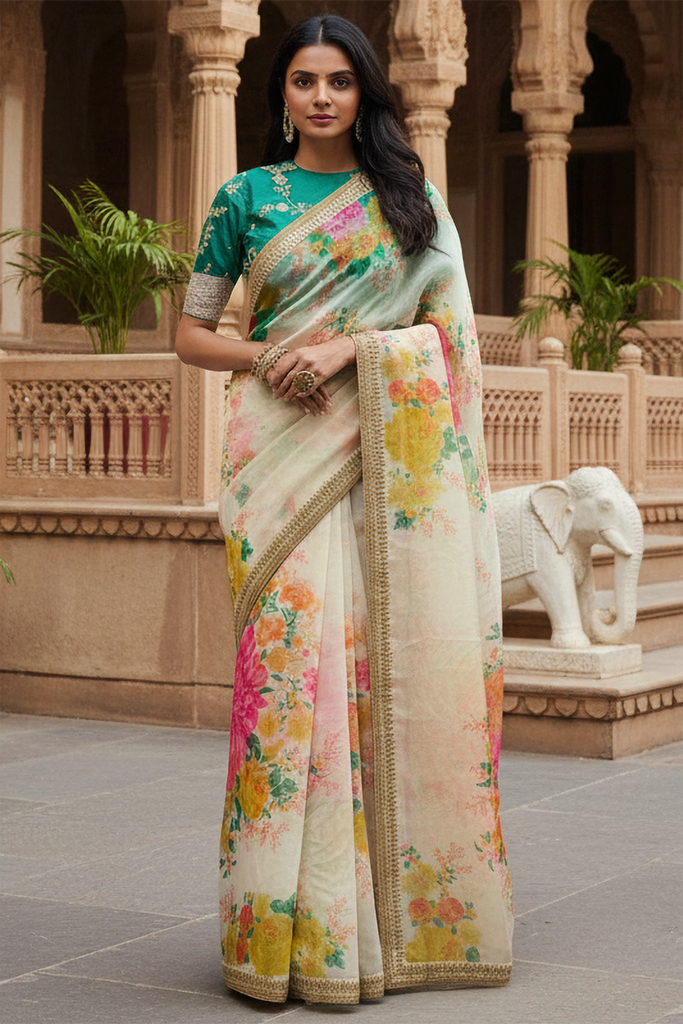 Attractive Off White Floral Printed Organza Party Wear Saree With Blouse