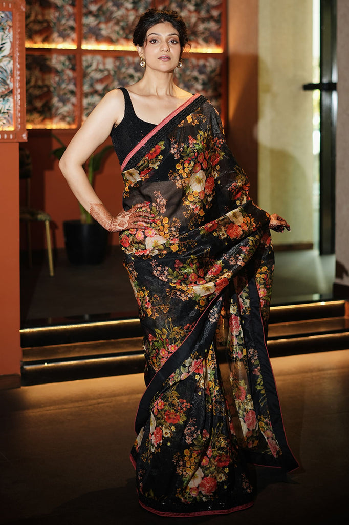 Dazzling Black Floral Printed Organza Party Wear Saree With Blouse