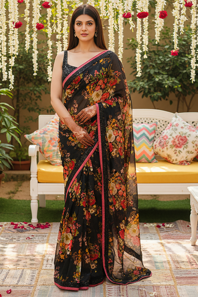 Awesome Black Floral Printed Organza Party Wear Saree With Blouse