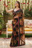 Awesome Black Floral Printed Organza Party Wear Saree With Blouse