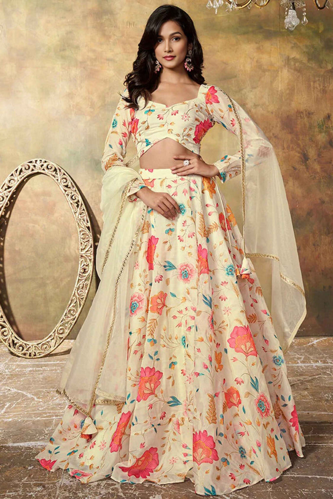 Glamorous Beige Floral Printed Organza Reception Wear Lehenga Choli