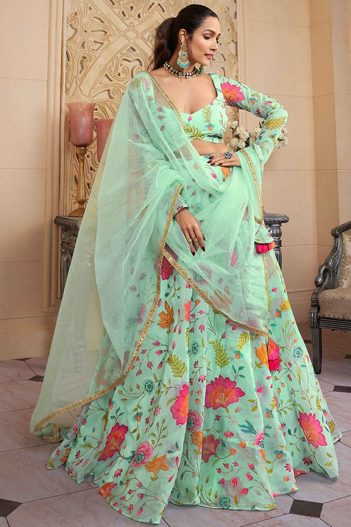 Fabulous Green Floral Printed Organza Function Wear Lehenga Choli