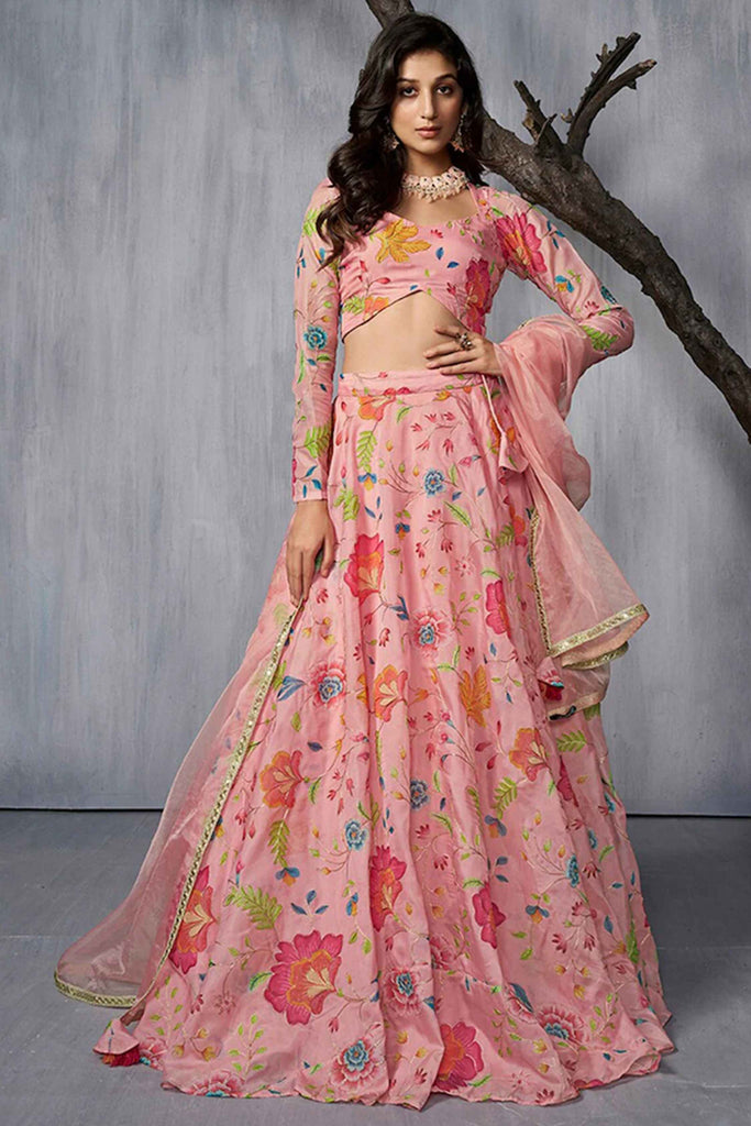 Wonderful Pink Floral Printed Organza Wedding Wear Lehenga Choli