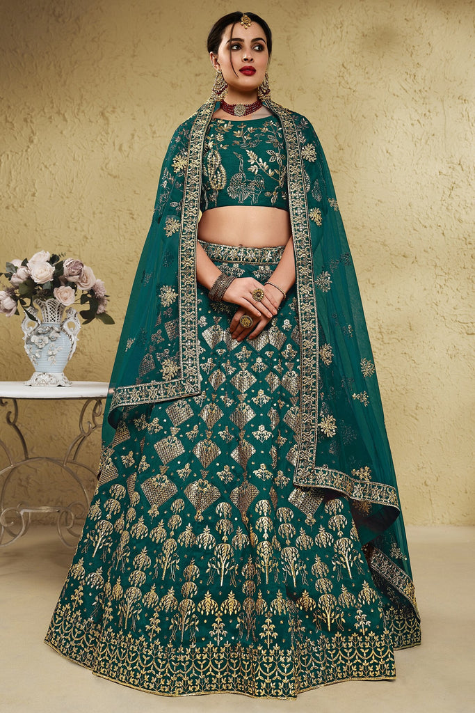 Pretty Green Thread Embroidered Silk Lehenga Choli With Dupatta