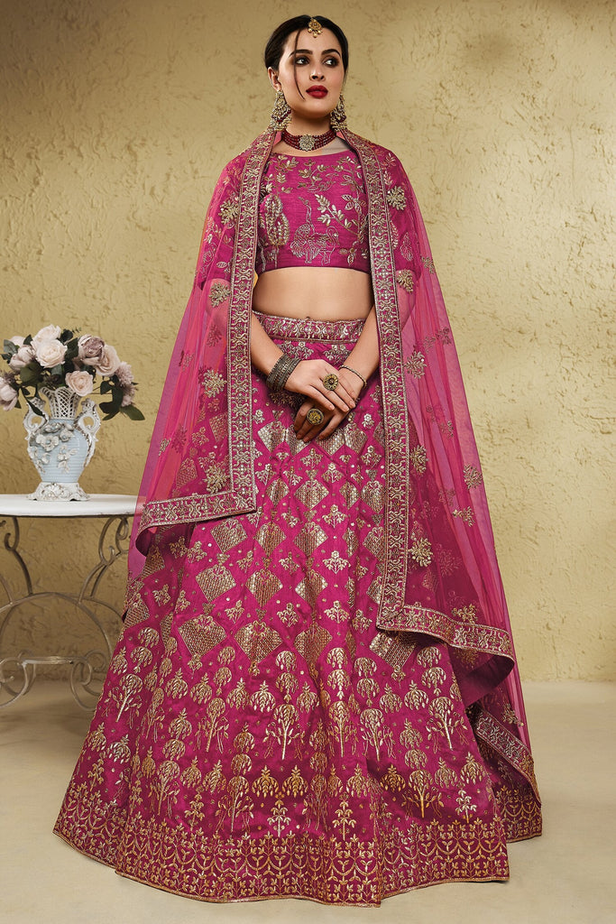 Lovely Pink Thread Embroidered Silk Lehenga Choli With Net Dupatta