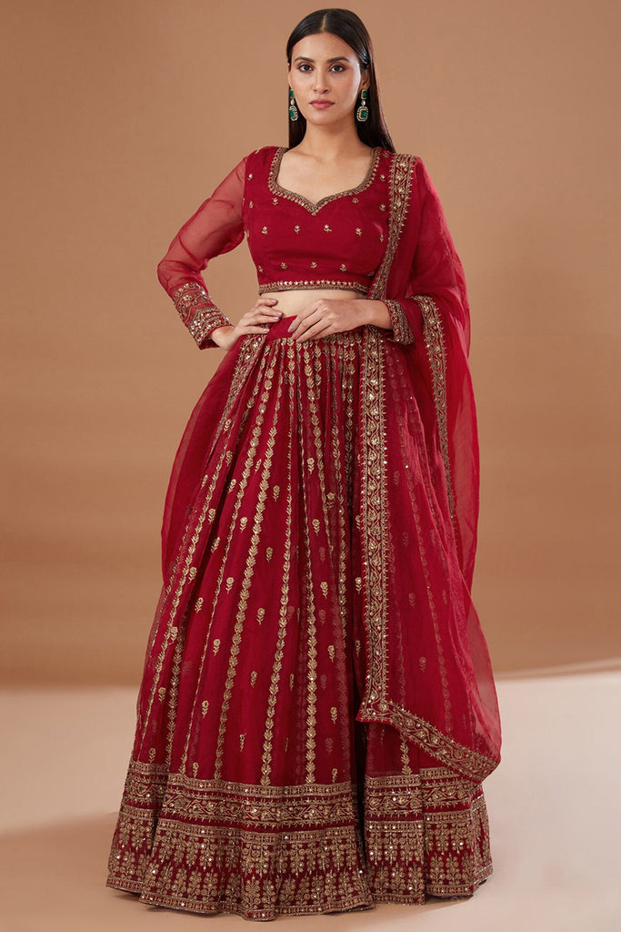 Wonderful Red Zari Embroidered Organza Wedding Lehenga Choli