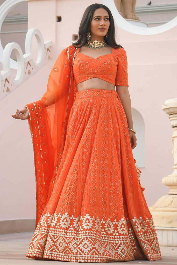 Stunning Orange Sequins Georgette Wedding Wear Lehenga Choli