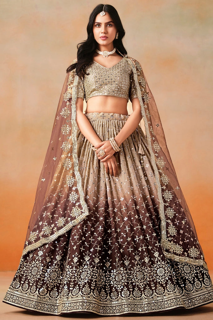 Fascinating Brown Sequins Georgette Wedding Wear Lehenga Choli 