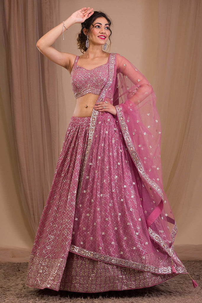 Glamorous Pink Sequins Georgette Engagement Wear Lehenga Choli