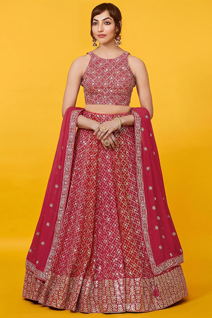 Precious Red Sequins Georgette Wedding Lehenga Choli With Dupatta