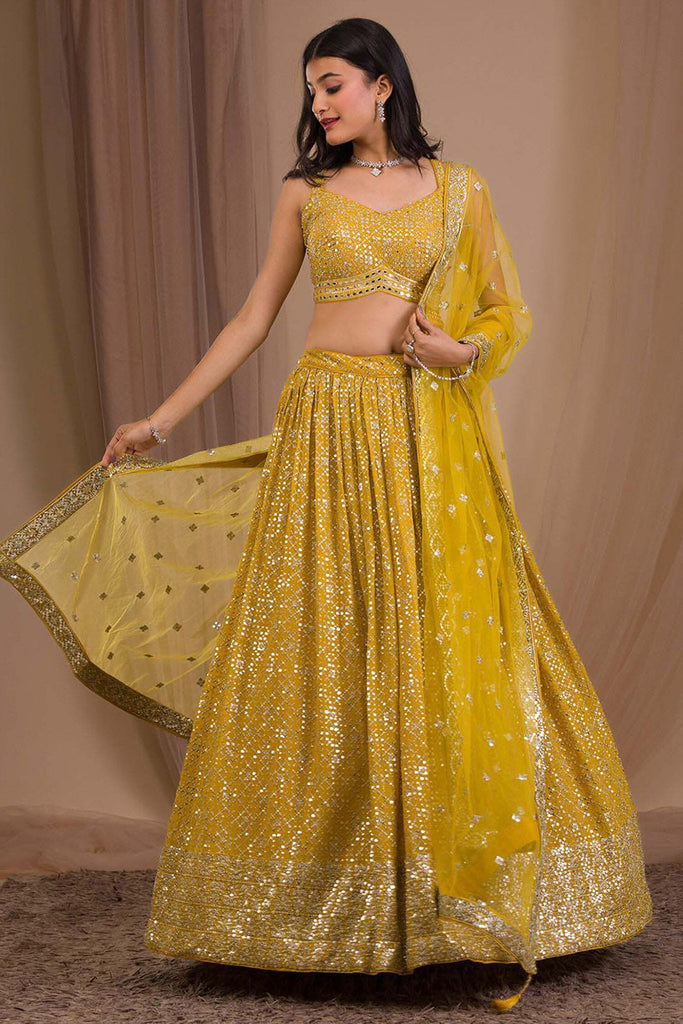 Alluring Yellow Sequins Georgette Haldi Wear Lehenga Choli