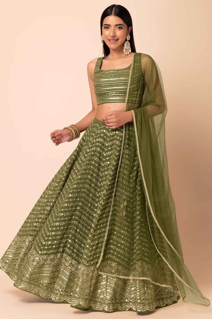 Beautiful Green Zari Embroidery Georgette Mehendi Wear Lehenga Choli