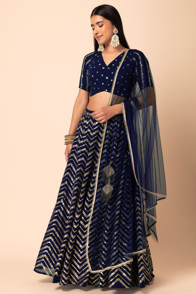 Stunning Navy Blue Embroidered Georgette Lehenga Choli With Dupatta