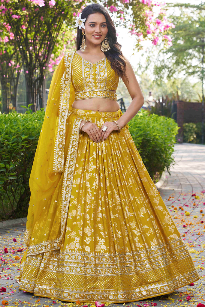 Amazing Yellow Thread Embroidery Silk Festival Wear Lehenga Choli