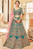 Beautiful Teal Blue Embroidered Velvet Bridal Wear Lehenga Choli