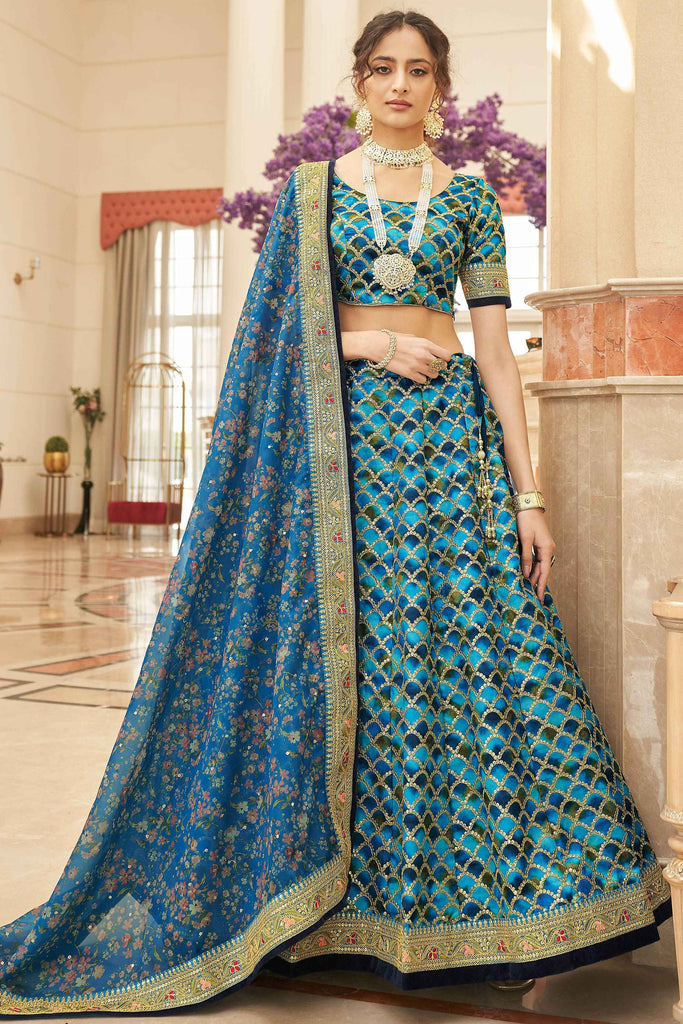 Dazzling Blue Sequins Work Art Silk Reception Wear Lehenga Choli