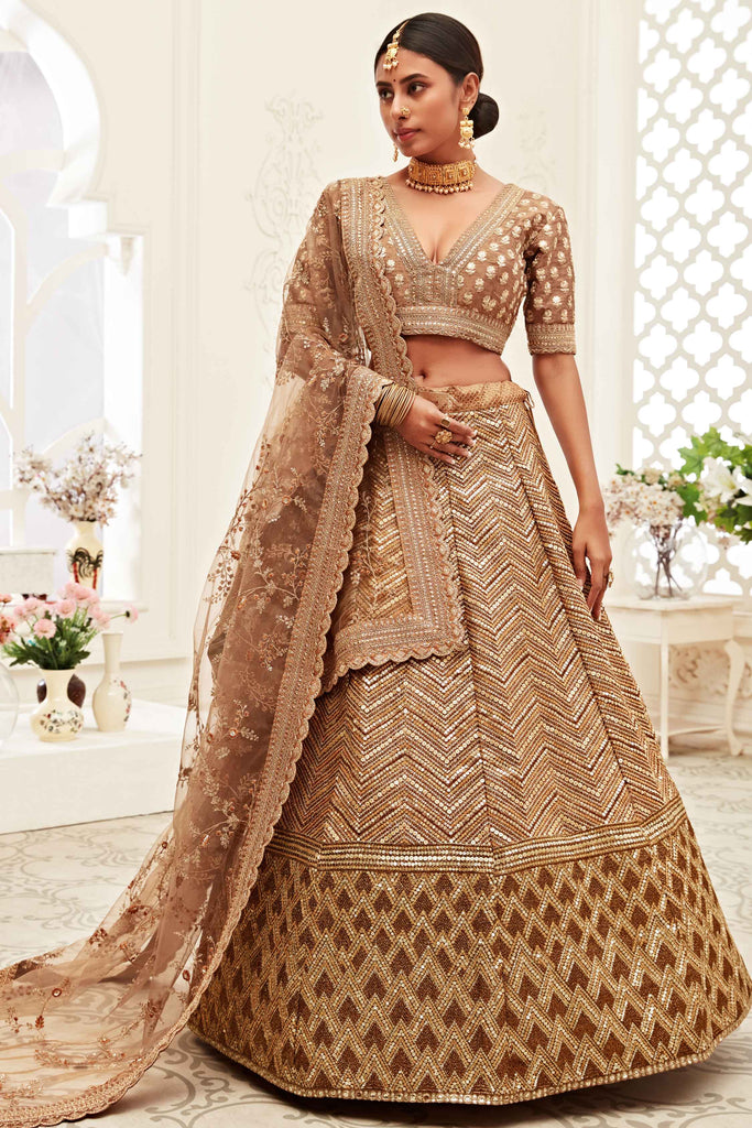 Marvelous Brown Sequins Embroidered Silk Bridal Wear Lehenga Choli