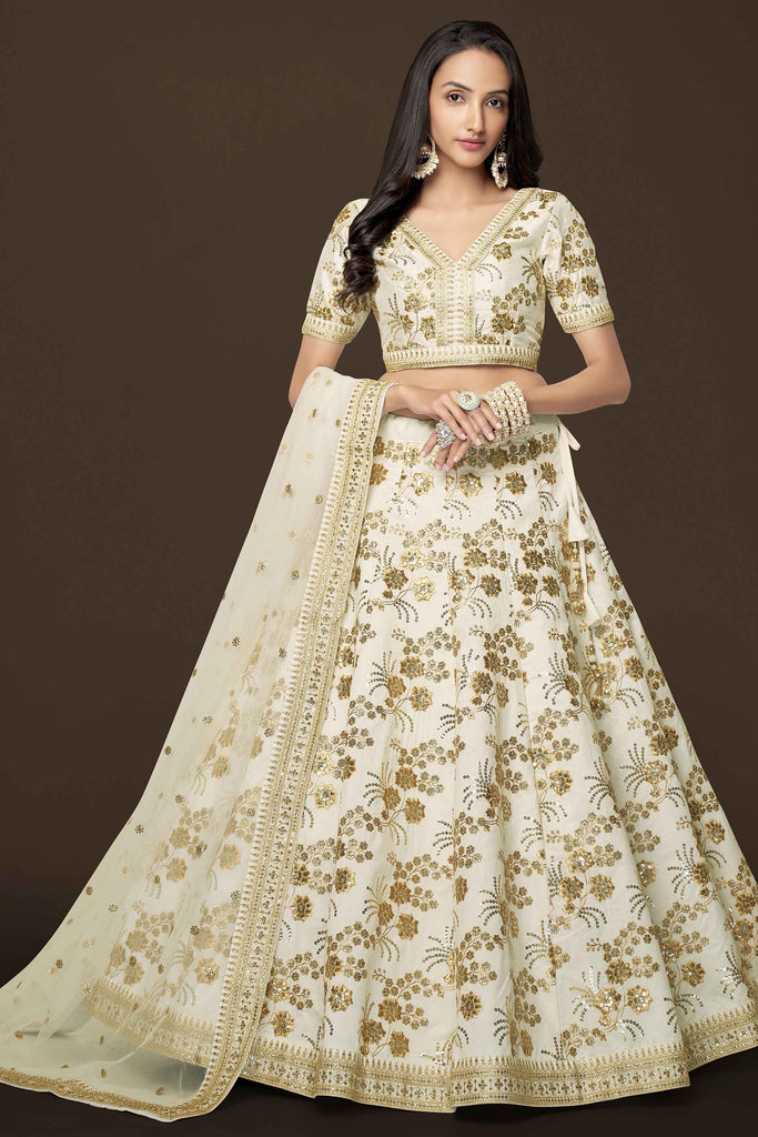 Endearing White Sequins Slub Silk Reception Wear Lehenga Choli