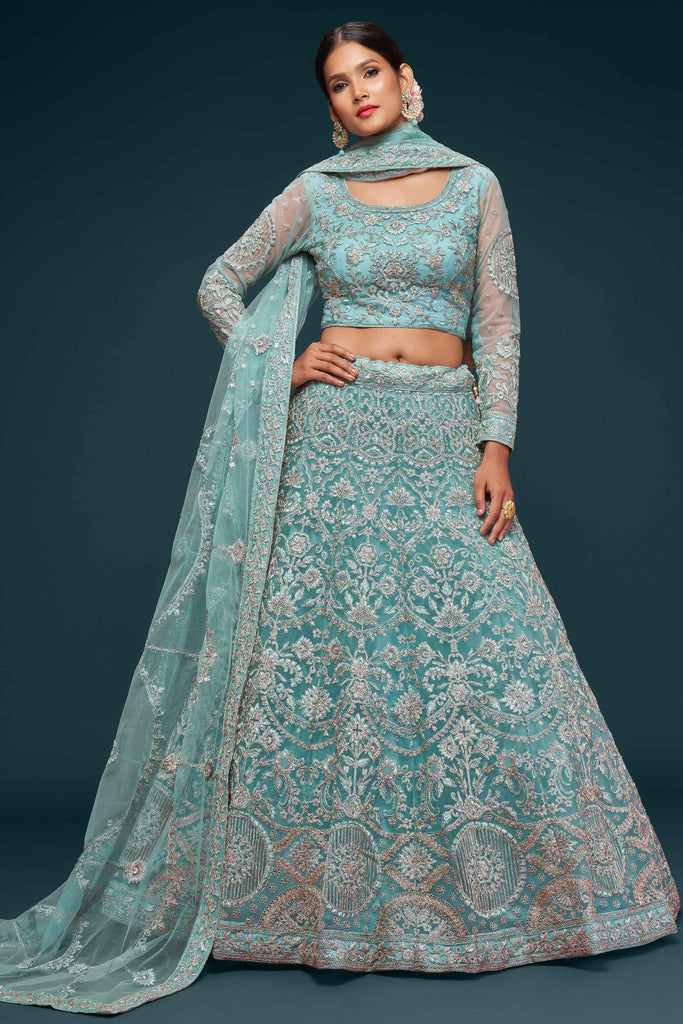 Ravishing Aqua Blue Embroidered Soft Net Lehenga Choli With Dupatta