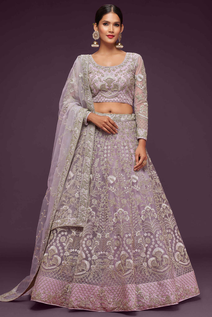 Beautiful Lilac Embroidered Soft Net Engagement Wear Lehenga Choli