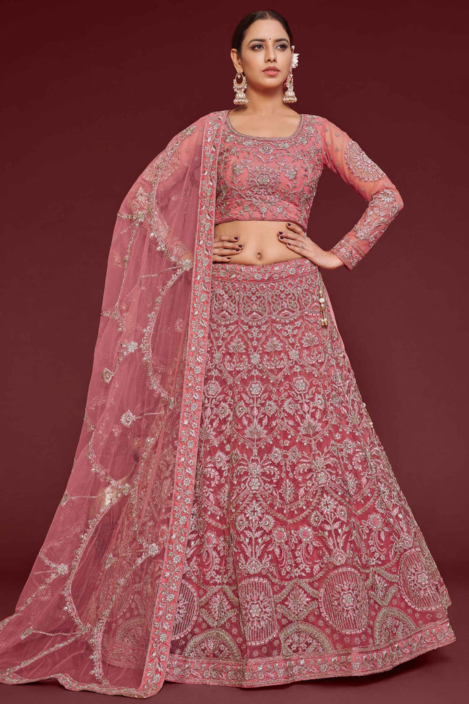 Adorable Rose Pink Embroidered Soft Net Engagement Wear Lehenga Choli